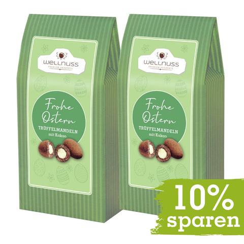 Doppelpack der Oster Edition mit Trüffelmandeln in Kakao, stilvolle Verpackung mit 10% Ersparnis.