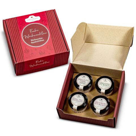 Geschenkkarton mit Lebkuchengewürz, Glühweingewürz, Chai Tee und Haselnusskerne mit Vollmilchschokolade & Zimt - wellnuss Premium Präsente