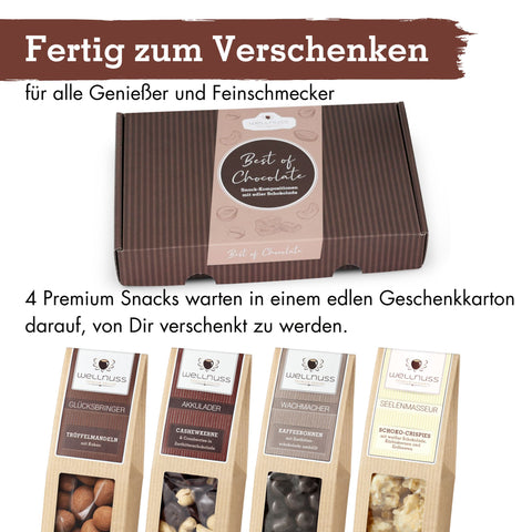 Geschenkset Schokolade 'Best of Chocolate' – fertig verpackt für Genießer. Enthält vier exklusive Schokoladen-Snacks in edler Box.