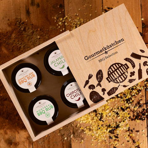 BBQ Geschenkset mit 4 Gourmetgewürzen für Grill-Fans