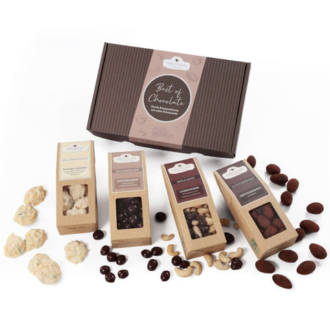 Geschenkset Schokolade 'Best of Chocolate' mit edler Verpackung und hochwertigen Nüssen in Schokolade. Perfektes Geschenk für Genießer.