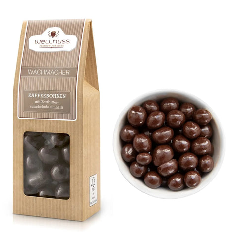 Wachmacher Kaffeebohnen mit Zartbitterschokolade umhüllt in 60 g Packung. Perfekte Kombination aus Kaffee und Schokolade für Genussmomente.