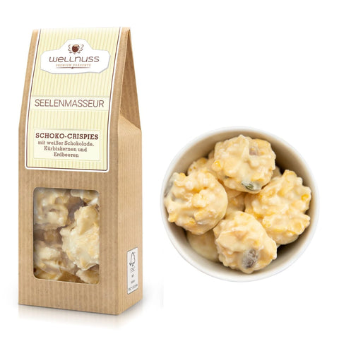 Seelenmasseur Schoko-Crispies mit weißer Schokolade, Kürbiskernen und Erdbeeren in einer stilvollen Verpackung. Knuspriger Genuss mit fruchtiger Note.