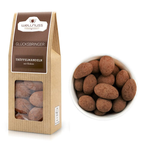 Glücksbringer Trüffelmandeln mit Kakao (70 g) in edler Verpackung mit Sichtfenster. Feine Mandeln umhüllt von belgischer Schokolade und Kakao.