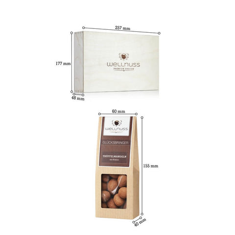 Selektion von 4 Snacks in Birkenholzbox - Frohe Weihnachten - wellnuss Premium Präsente