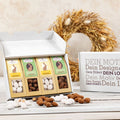 Geschenkkarton mit 4 Ostersnacks, gefüllt mit Trüffelmandeln und Kokosmandeln. Individuell bedruckbar und portooptimiert für den Versand.