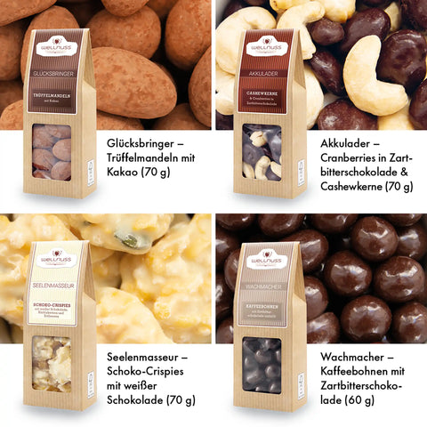 Premium Selection: 70 g Glücksbringer (Trüffelmandeln mit Kakao) 70 g Akkulader (Cranberries in Zartbitterschokolade und Cashewkerne), 70 g Seelenmasseur (Schoko-Crispies mit weißer Schokolade) und 60 g Wachmacher (Kaffeebohnen mit Zartbitterschokolade)