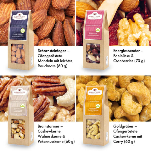 Best of Nuts: 60 g Schornsteinfeger (Ofengeröstete Mandeln mit leichter Rauchnote), 70 g Energiespender (Edelnüsse und Cranberries), 60 g Brainstormer (Cashewkerne, Walnusskerne und Pekannusskerne) und 60 g Goldgräber (Ofengeröstete Cashewkerne mit Curry}.