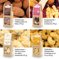 Premium Selection: 70 g Glücksbringer (Trüffelmandeln mit Kakao) 70 g Energiespender (Edelnüsse & Cranberries), 70 g Seelenmasseur (Schoko-Crispies mit weißer Schokolade) und 60 g Goldgräber (ofengeröstete Cashewkerne mit Curry)