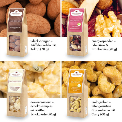 Premium Selection: 70 g Glücksbringer (Trüffelmandeln mit Kakao) 70 g Energiespender (Edelnüsse & Cranberries), 70 g Seelenmasseur (Schoko-Crispies mit weißer Schokolade) und 60 g Goldgräber (ofengeröstete Cashewkerne mit Curry)