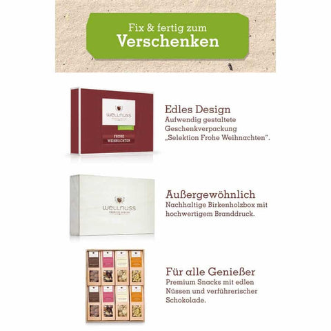 Frohe Weihnachten - 8 Snacks in der Birkenholzbox - wellnuss Premium Präsente