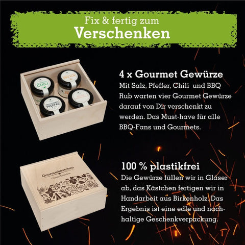 Geschenkset mit 4 Gourmetgewürzen im edlen Gourmetkästchen - wellnuss Premium Präsente