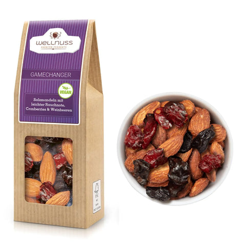 Gamechanger - Ofengeröstete Salzmandeln, Cranberries & Weinbeeren (60 g) in umweltfreundlicher Verpackung mit Sichtfenster. Perfekter Snack für Genießer.
