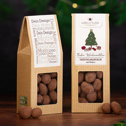Weihnachts Edition - Trüffelmandeln mit Kakao in der Faltschachtel - wellnuss Premium Präsente