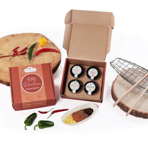BBQ Geschenkset mit 4 Gourmetgewürzen im Geschenkkarton - wellnuss Premium Präsente