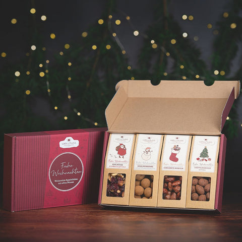 4 Weihnachts-Snacks im Geschenkkarton im Logo - wellnuss Premium Präsente