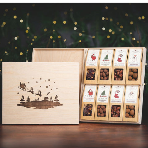 "Limitierte Weihnachtsedition" - 8 Weihnachts-Snacks in der Birkenholzbox - wellnuss Premium Präsente