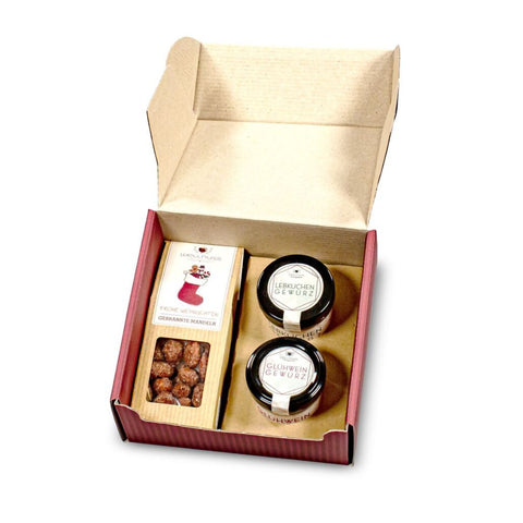 Gebrannte Mandeln, Lebkuchen- und  Glühweingewürz im Geschenkkarton - wellnuss Premium Präsente