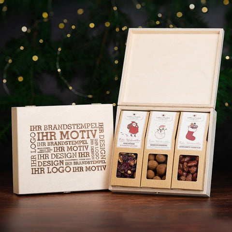 3 Weihnachts-Snacks in der Birkenholzbox - wellnuss Premium Präsente