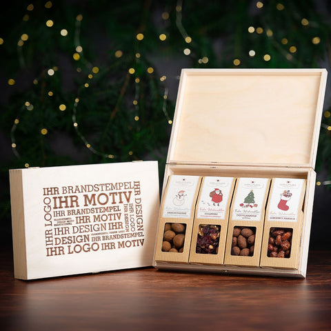 4 Weihnachts-Snacks in der Birkenholzbox - wellnuss Premium Präsente