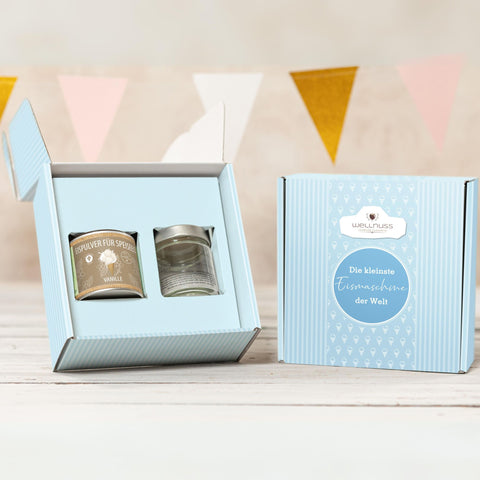 Eispulver Vanille Royal (110g) & Eismixglas im Geschenkkarton - wellnuss Premium Präsente