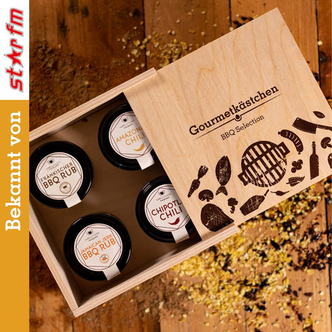 BBQ Geschenkset mit 4 Gourmetgewürzen für Grill-Fans - wellnuss Premium Präsente