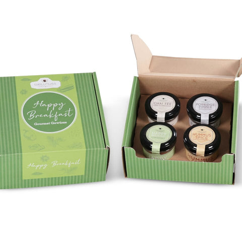 Geschenkset "Happy Breakfast" mit 4 Gourmetgewürzen im Geschenkkarton - wellnuss Premium Präsente