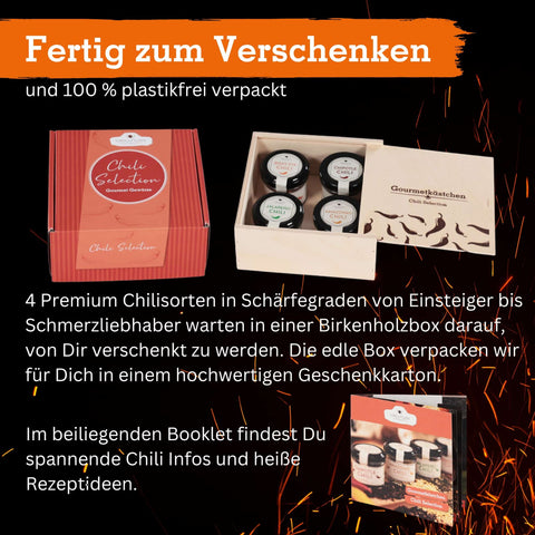 Geschenkset mit 4 Chilisorten im edlen Gourmetkästchen - wellnuss Premium Präsente