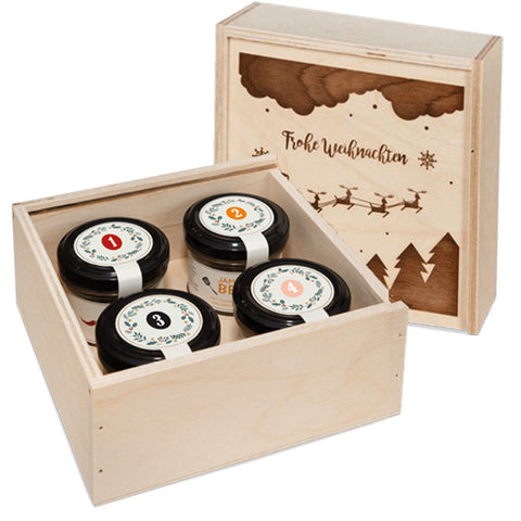 Adventskalender mit 4 Weihnachts-Spezialitäten in der Birkenholzbox - wellnuss Premium Präsente