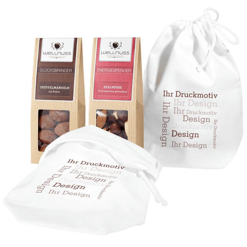 2 Premium Snacks im Baumwollsäckchen mit Logo - wellnuss Premium Präsente