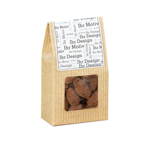 Nachhaltige Mini Faltschachtel mit Trüffelmandeln in Kakao, individuell gestaltbar für besondere Anlässe wie Ostern.