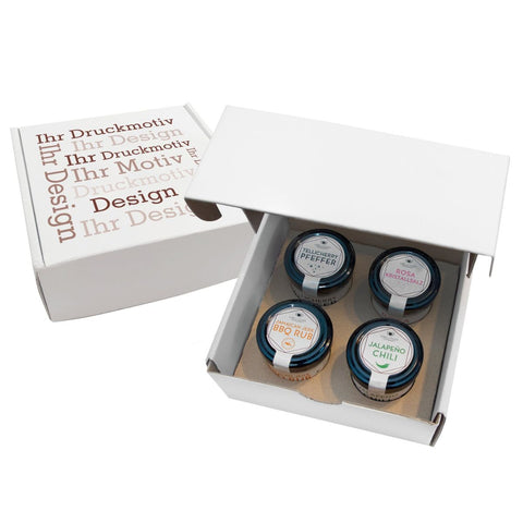Geschenkkarton mit 4 Weihnachts-Spezialitäten mit Logo - wellnuss Premium Präsente