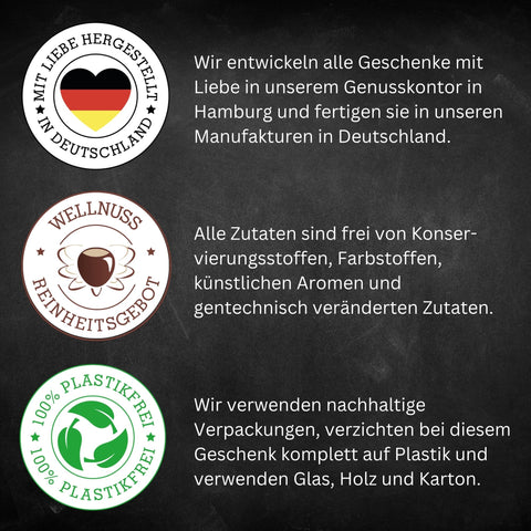 Gourmetkästchen mit Lebkuchengewürz, Glühweingewürz, Chai Tee und Haselnusskerne mit Vollmilchschokolade & Zimt - wellnuss Premium Präsente