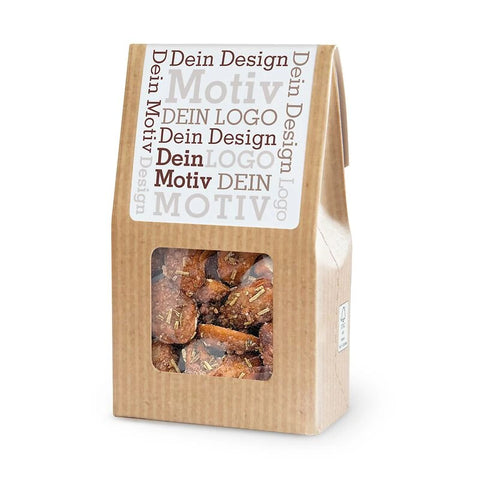 Mandeln und Cashews karamellisiert mit Honig und Rosmarin in der Mini Faltschachtel