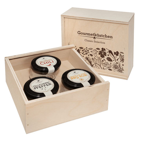3 Gourmet Gewürze im Gourmetkästchen aus Birkenholz - wellnuss Premium Präsente