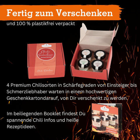 Geschenkset mit 4 Chilisorten im edlen Geschenkkarton - wellnuss Premium Präsente