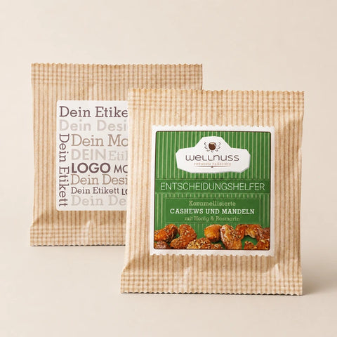 Mandeln und Cashews karamellisiert mit Honig und Rosmarin im Premium Flowpack