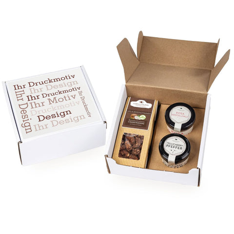 Geschenkkarton mit 1 Faltschachteln und 2 Gourmet Gewürzen im Glas - wellnuss Premium Präsente