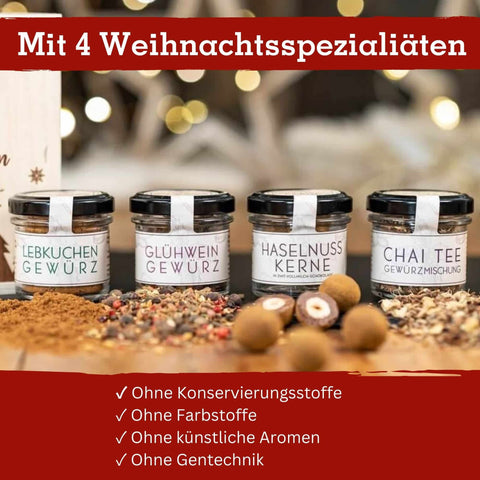 Gourmetkästchen mit Lebkuchengewürz, Glühweingewürz, Chai Tee und Haselnusskerne mit Vollmilchschokolade & Zimt - wellnuss Premium Präsente