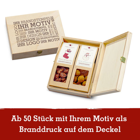 2 Weihnachts-Snacks in der Birkenholzbox - wellnuss Premium Präsente