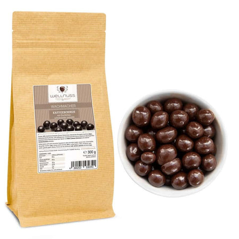 Wachmacher - Kaffeebohnen mit Zartbitterschokolade umhüllt (300 g) - wellnuss Premium Präsente
