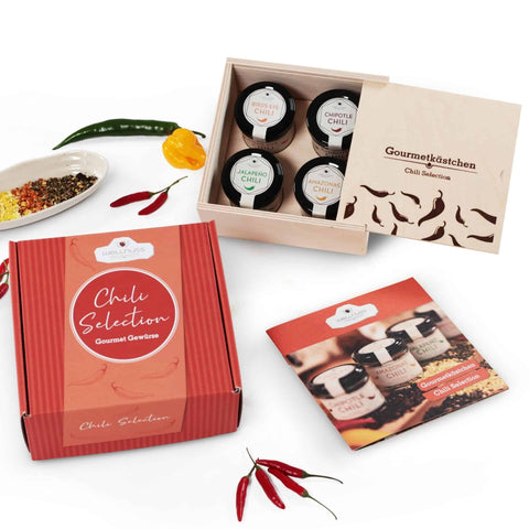 Geschenkset mit 4 Chilisorten im edlen Gourmetkästchen - wellnuss Premium Präsente