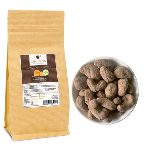 Motivationskünstler - Karamellisierte Cashewkerne mit Orange & Kakao (300 g) - wellnuss Premium Präsente