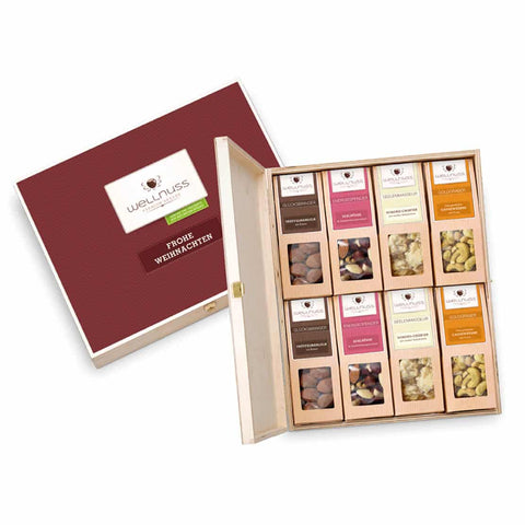 Frohe Weihnachten - 8 Snacks in der Birkenholzbox - wellnuss Premium Präsente